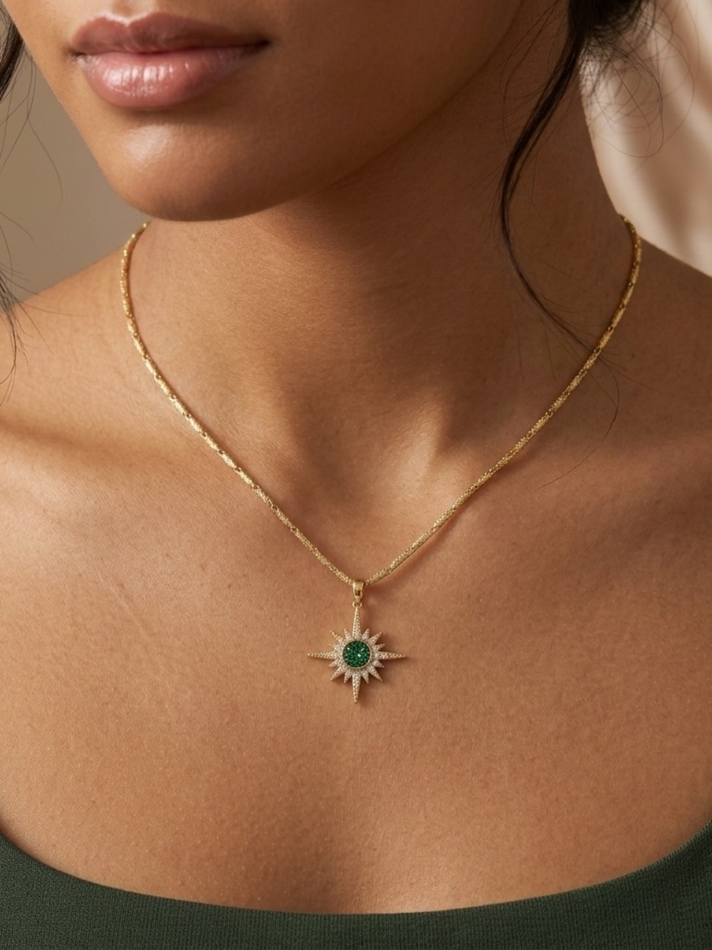 Emerald Green Druzy Starburst Necklace 18K Gold Plated Celestial Fall Jewelry